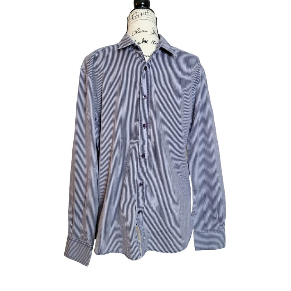 SMOG Men's Fashion Slim Fit Striped Dress Shirt Button Down - Size Large